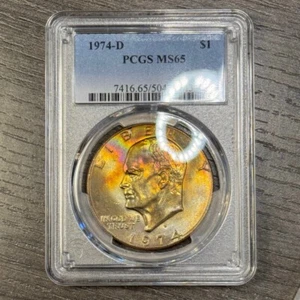 MS65 1974-D $1 Eisenhower Ike Dollar, PCGS Trueview- Vivid Rainbow Toned - Picture 1 of 9