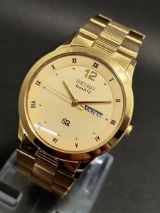Seiko Quartz Men's Wrist Watch Gold Plated Golden Dial Working Condition