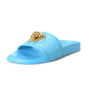 Versace Women's Gold Medusa Head Sky Blue Pool Slide Flip Flops Shoes - Picture 1 of 8