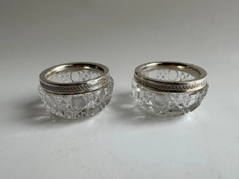 Antique Pair Victorian Salt Cellars Cut Crystal Glass With Sterling Silver Rim Cover