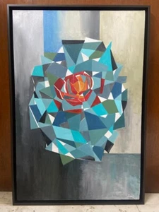 Pintura grande abstracta flor cubismo, lienzo pintado a mano, arte acrílico, 24"x36" - Imagen 1 de 17