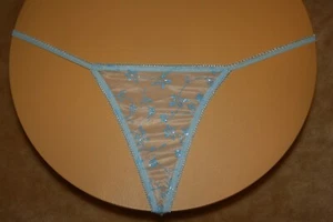 Blue T-Back w Loop Fringe & Sheer Mesh w Sparkly Flowers Front - No Size - Picture 1 of 2
