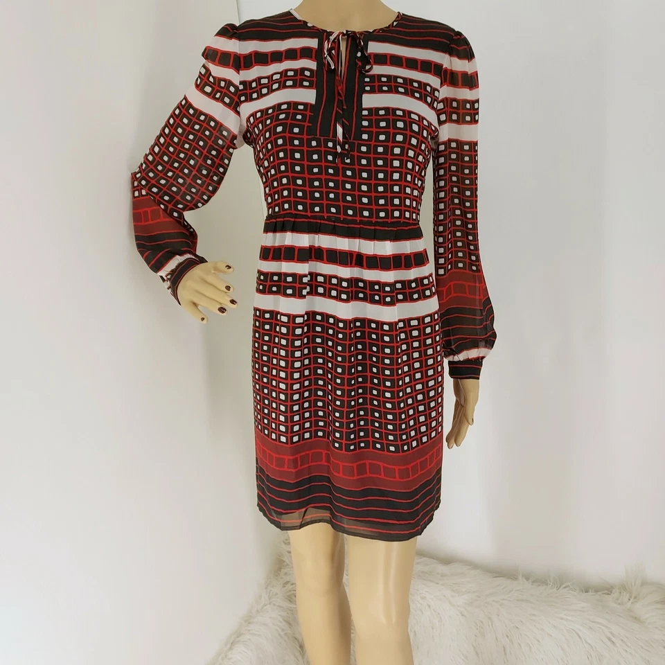 "LOFT" MULTICOLOR GEO TIE NECK PLEATED A LINE SKIRT DRESS SZ MP