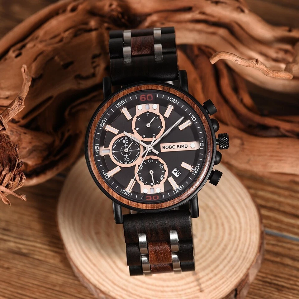 Herren Holz Armbanduhr Holzuhr Chronograph Armbanduhr Geschenk Geburtstag - Bild 1 von 4