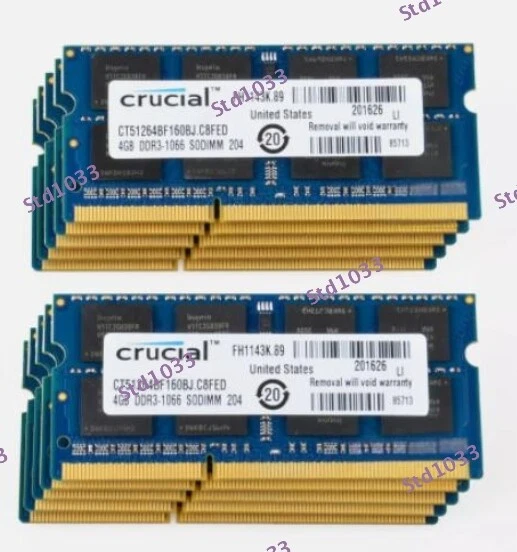 Crucial 4GB 2RX8 PC3-8500S DDR3 1066Mhz 204Pin SODIMM Laptop Memory RAM 10PCS - Image 1 of 1