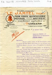 Dépt 22 - Guingamp & Tréguier - Petite Entête Le Jamtel Machines Agricoles 1929 - Picture 1 of 1