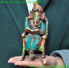 8" Old tibet buddhism bronze inlay Turquoise gem Ganesh Elephant Jambhala statue