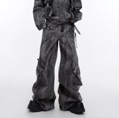 Men's Gray Black Wide Leg Pockets Cotton Denim Jeans Pants Pockets Trousers Punk - Image 1 of 4