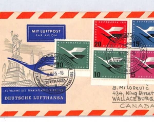 GERMANY Air Mail Cover LUFTHANSA FIRST TRANSATLANTIC FLIGHT Canada 1955 YL268 - Picture 1 of 9
