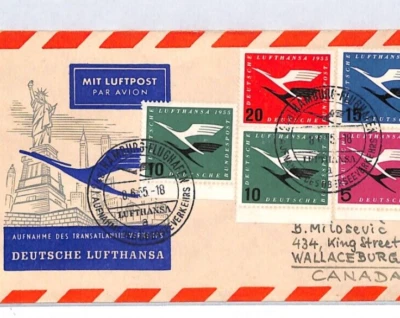 GERMANY Air Mail Cover LUFTHANSA FIRST TRANSATLANTIC FLIGHT Canada 1955 YL268 - Image 1 of 4