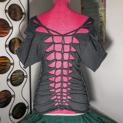 Medium FLORAL MICKEY MOUSE T-Shirt Disney Off-Shoulder Open Backless Twist - Image 1 of 4