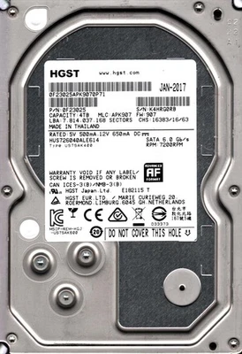 HUS726040ALE614 P/N: 0F23025 MLC: APK907 FW: 907 THAILAND JAN 2017 HGST 4TB - Image 1 of 3
