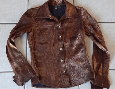 Stunning Satiny Matalic Button Dn Bronze Elegant Blouse Wms  L  Cuffs  Bling - Image 1 of 4