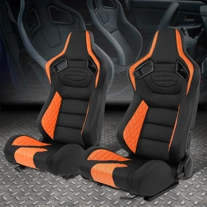 Pair Universal Black&Orange Vinyl Adjustable Reclinable Racing Seats w/ Sliders - Foto 1 di 8