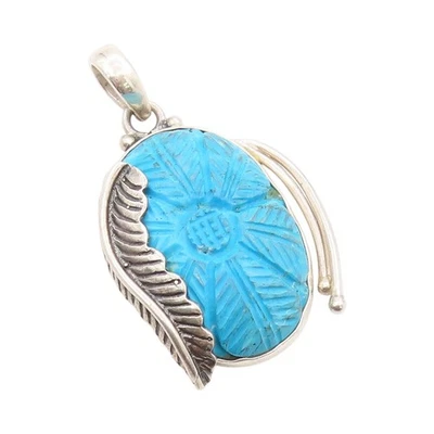 Colgante vintage de plata de ley 925 tallado turquesa flor y pluma PT24893 Foto 1 de 4