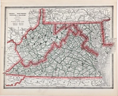 1883  VIRGINIA - WEST VIRGINIA - DELAWARE - MARYLAND  Map ORIGINAL (12.5x9.5) - Image 1 of 4