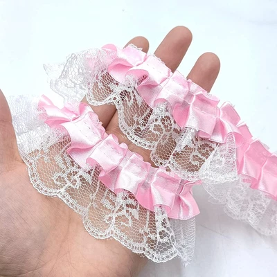 Cintas de encaje de gasa rosa de 2 yardas blancas vintage para decoración de bodas Foto 1 de 3