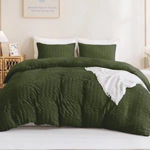 King Size Comforter Set Olive Green, 3 Pieces Lightweight Seersucker Bedding Com - Picture 1 of 8