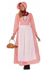 Costume donna pioniere 3 pezzi rosa floreale abito prateria con grembiule e cofano M/L - Foto 1 di 1