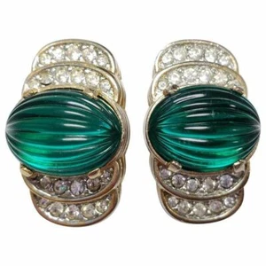 Art Deco geschnitzte grüne offene Kristall Ohrclips in Gold, Anfang 1900 Ba - Bild 1 von 4