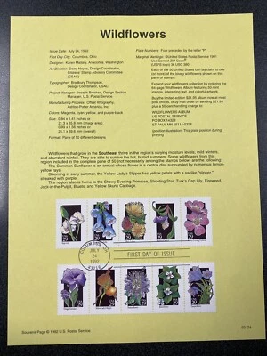 #2647-96 WILDFLOWERS, 5 Pages,  1992 Official Souvenir  - Image 1 of 4