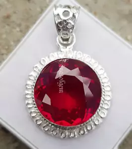 Ciondolo Argento Solido 925+CT Originale Piccioni Coltivati in Laboratorio Pietra Preziosa Rubino Sangue - Foto 1 di 6
