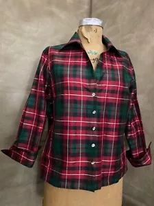 Red Tartan Plaid 100% Silk CRYSTAL BUTTONS Blouse Top Jones New York COUNTRY 12 - Picture 1 of 8