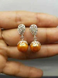 Filigree Delicate Silver Finished Light Orange Pearl Dangle Earrings F - Picture 1 of 4