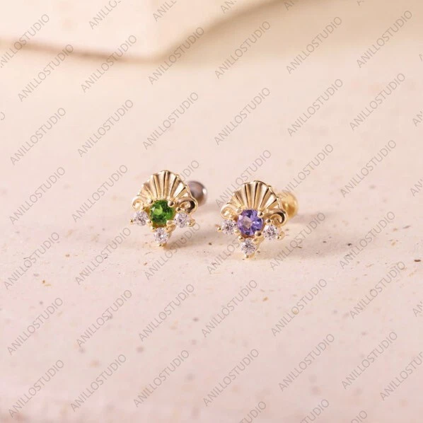 Aretes con poste de perno prisionero de oro amarillo macizo de 14K de diopsido/tanzanita, concha de mar Foto 1 de 4