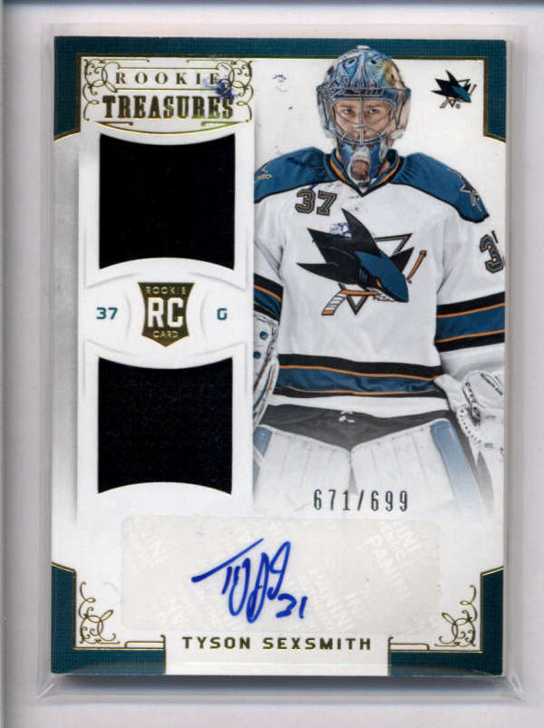 TYSON SEXSMITH 2012/13 PANINI ROOKIE ANTHOLOGY DUAL JERSEY AUTO #671/699 AJ8862