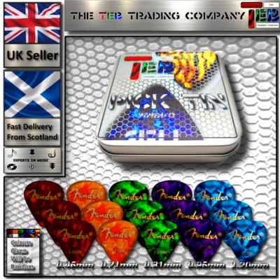 TEB Handy Pick Tin + 15 Fender Guitar Picks - 3 Of Each Size/Gauge - UK Seller
