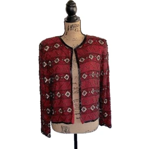 Papell Boutique Silk Fully Beaded Evening jacket Size L Color Red and Black VTG - Picture 1 of 11