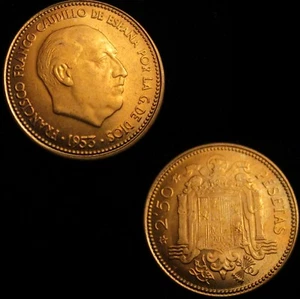 SPAIN, FRANCO-4, 2.50 PESETAS 1953*19-54, ORIGINAL LUSTER, UNCIRCULATED. - Picture 1 of 1