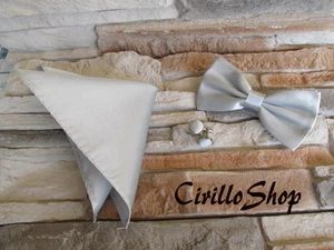 PAPILLON FAZZOLETTO GEMELLI GRIGIO ARGENTO CRAVATTINO POCHETTE RASO SETA UOMO - Picture 1 of 4