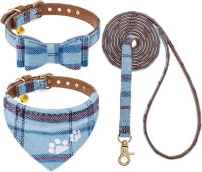 Puppy Collar and Leash Set - Embroidery Pawprints Plaid Dog Collar and Dog Leash - Image 1 of 4