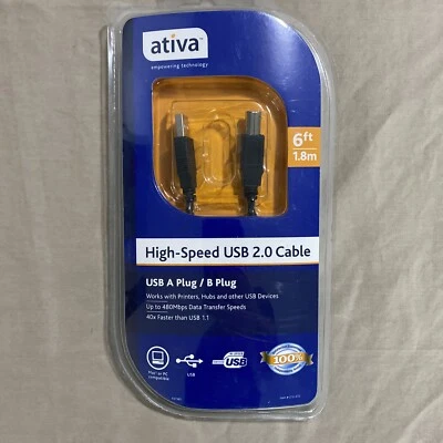 New - Ativa High-Speed USB 2.0 A Plug To B Plug A/B Cable 6ft - Image 1 of 2