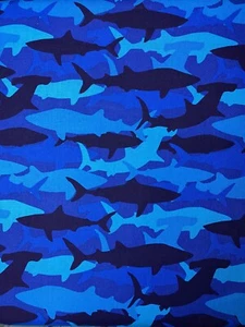 23”x44” Blue Camo Sharks Camouflage Cotton Fabric Remnant - Picture 1 of 2