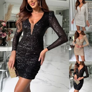 Sexy Bodycon Sequin Women V Neck Mini Dress Cocktail Evening Party Formal Dress - Picture 1 of 25