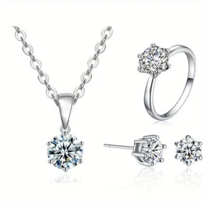 3Ct Round Moissanite Diamond Womens Engagement Jewelry Set 14K White Gold Plated - Picture 1 of 7
