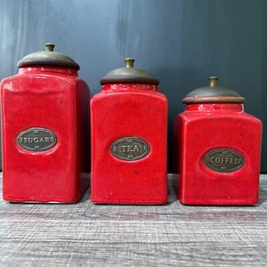 PIER 1 Import Rustic Brick Red 3 Ceramic Canister Jars Lids Set Coffee Tea Sugar - Picture 1 of 16