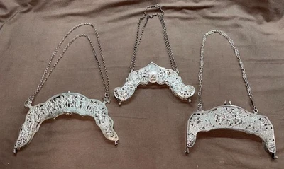 批量 3 件 古董 大号 0.800 银钱包框架 全带链条(非纯银) — 第 1/4 张图片