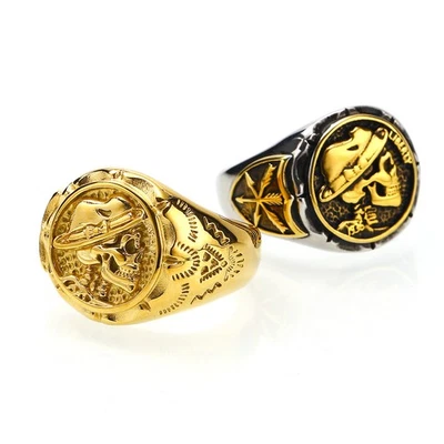 Anillo brújula casco calavera de acero inoxidable para hombre dorado negro gótico estilo motociclista Foto 1 de 2