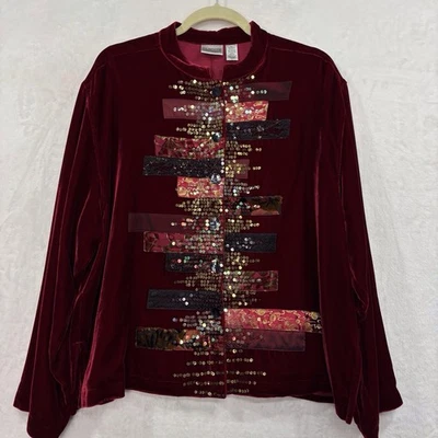 VTG Chicos Velvet Jacket Silk Sequin Patchwork Placket Short Boxy Sz 3 XL 16 Red - Image 1 of 4