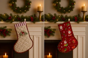 Buy Now 2 Sided Handmade Quilted Christmas Stockings Design Upcycle Eco-Friendly - Picture 1 of 4