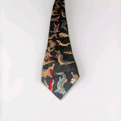 Corbata Renaissance para hombre negra con caimanes longitud clásica hecha a mano Foto 1 de 2