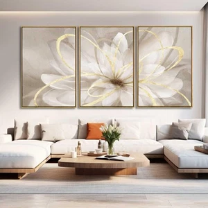 Living Room Decor White Flower Artwork Gold Canvas Wall Art Abstract Line Pai... - Picture 1 of 7