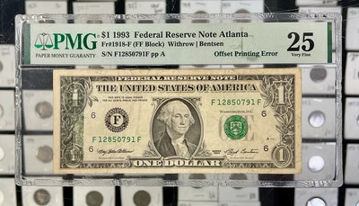1993 $1 Atlanta Fr#1918-F Partial Offset Printing Error Back to Front PMG VF25 - Image 1 of 2