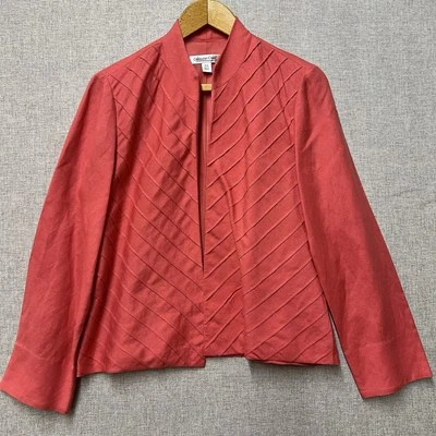 Coldwater Creek Melon Linen Blend Open Front Blazer Size 10P Asymmetrical Pleat - Image 1 of 4