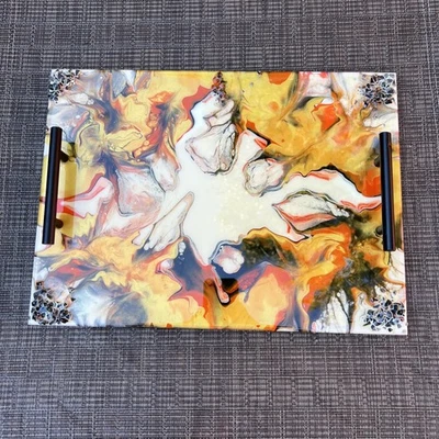 Multipurpose Resin Tray, Epoxied Serving Tray with Handles, Black & Gold 12x16 - Image 1 of 2