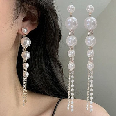 Pearl Earrings Silver Pearls White Long Earrings Tassel Women's Jewelry Gifts - Image 1 of 4